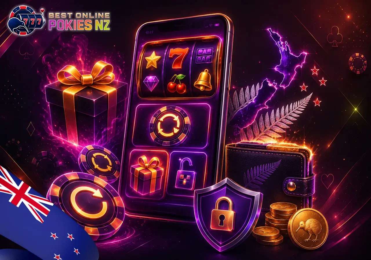 Free Spins on Online Pokies NZ with spin tokens, no-deposit gift, promo code, NZD winnings, and mobile screen
