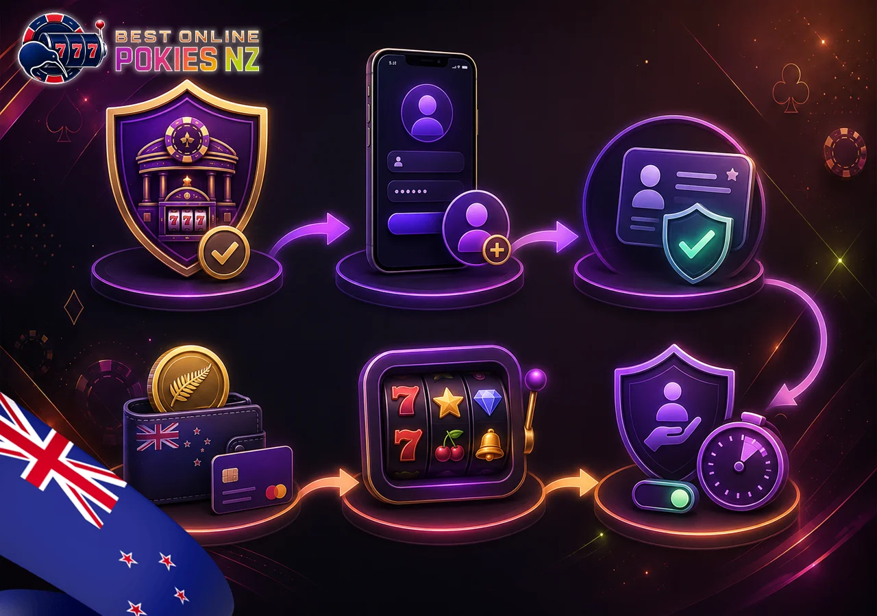 Step-by-step start for online pokies in New Zealand with licensed casino, registration, KYC, deposit, and first spin