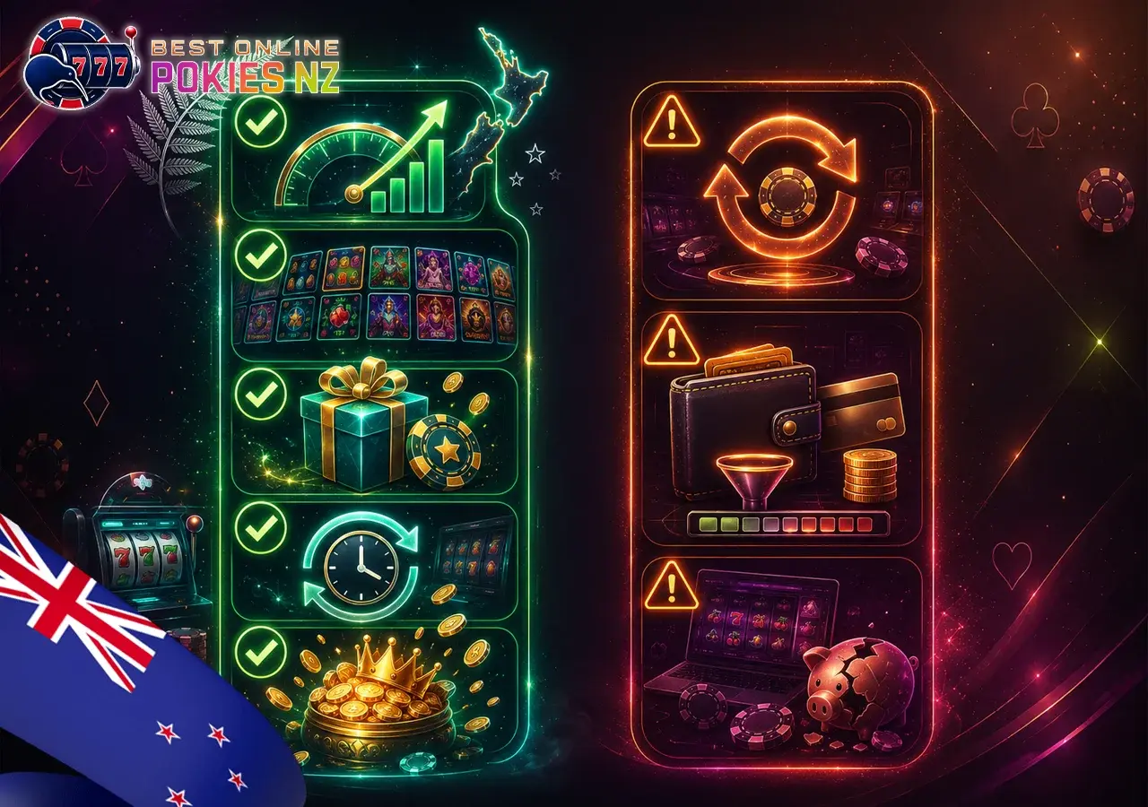 Pros and cons of playing online pokies in NZ with high RTP, large game range, bonuses, jackpots, and wagering restrictions