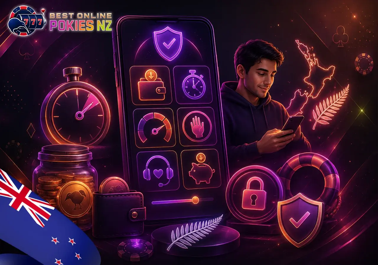 Responsible Gambling for NZ pokies players with deposit limits, timers, loss limits, self-exclusion, and support