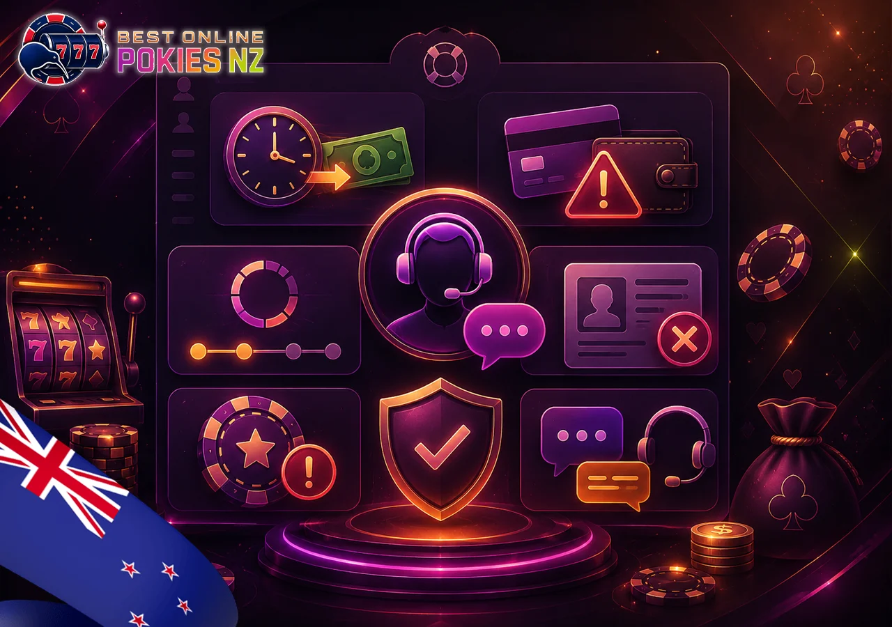 Common problems at Online Pokies NZ sites, including deposit delays, blocked payments, slow withdrawals, KYC, and missing free spins