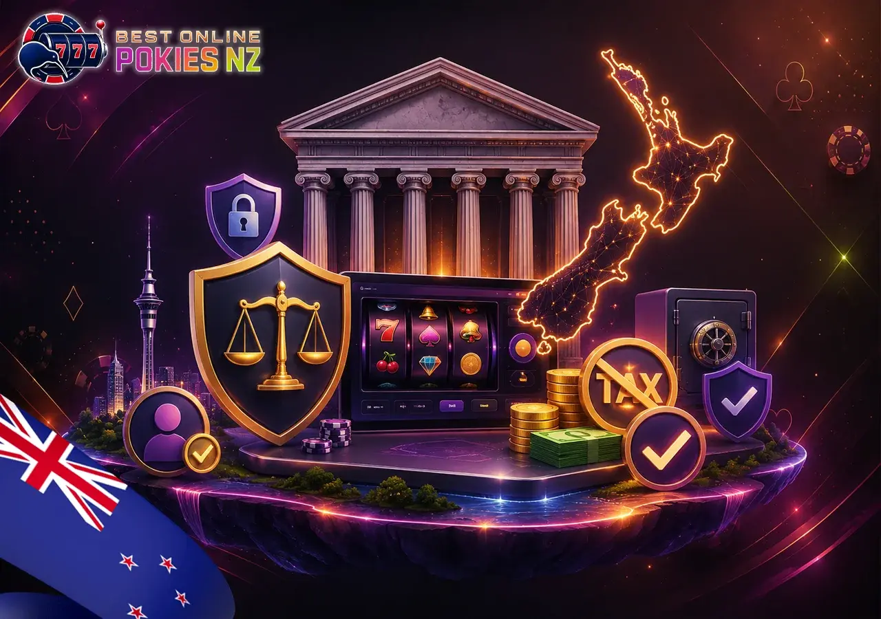 Legal status of online pokies in New Zealand with NZ map, offshore casino, licensing, and tax-free winnings