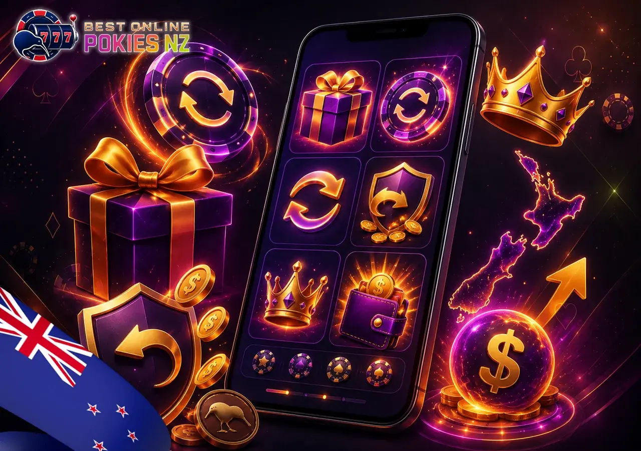 Online pokies bonuses for NZ players, including welcome bonus, no deposit free spins, cashback, reload, and VIP program